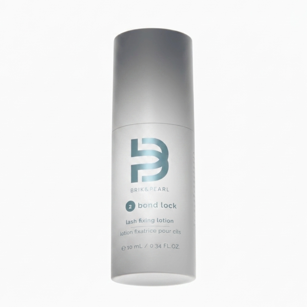 Brik & Pearl Bond Lock lash fixing lotion in a 10 mL cylindrical white bottle shown against a plain white background.