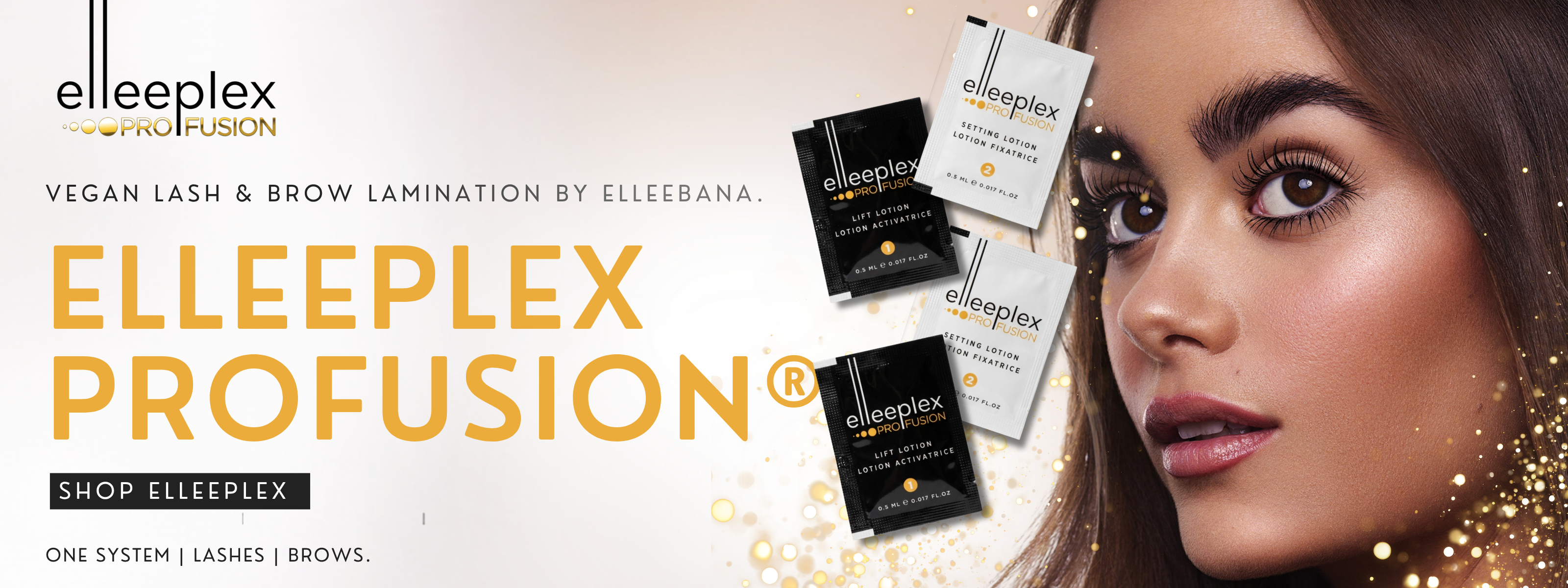 Promotional banner for Elleeplex Profusion vegan lash and brow lamination, showing a close-up of a woman's face, the product name in large gold text, and several small black and white product packets on a light background.