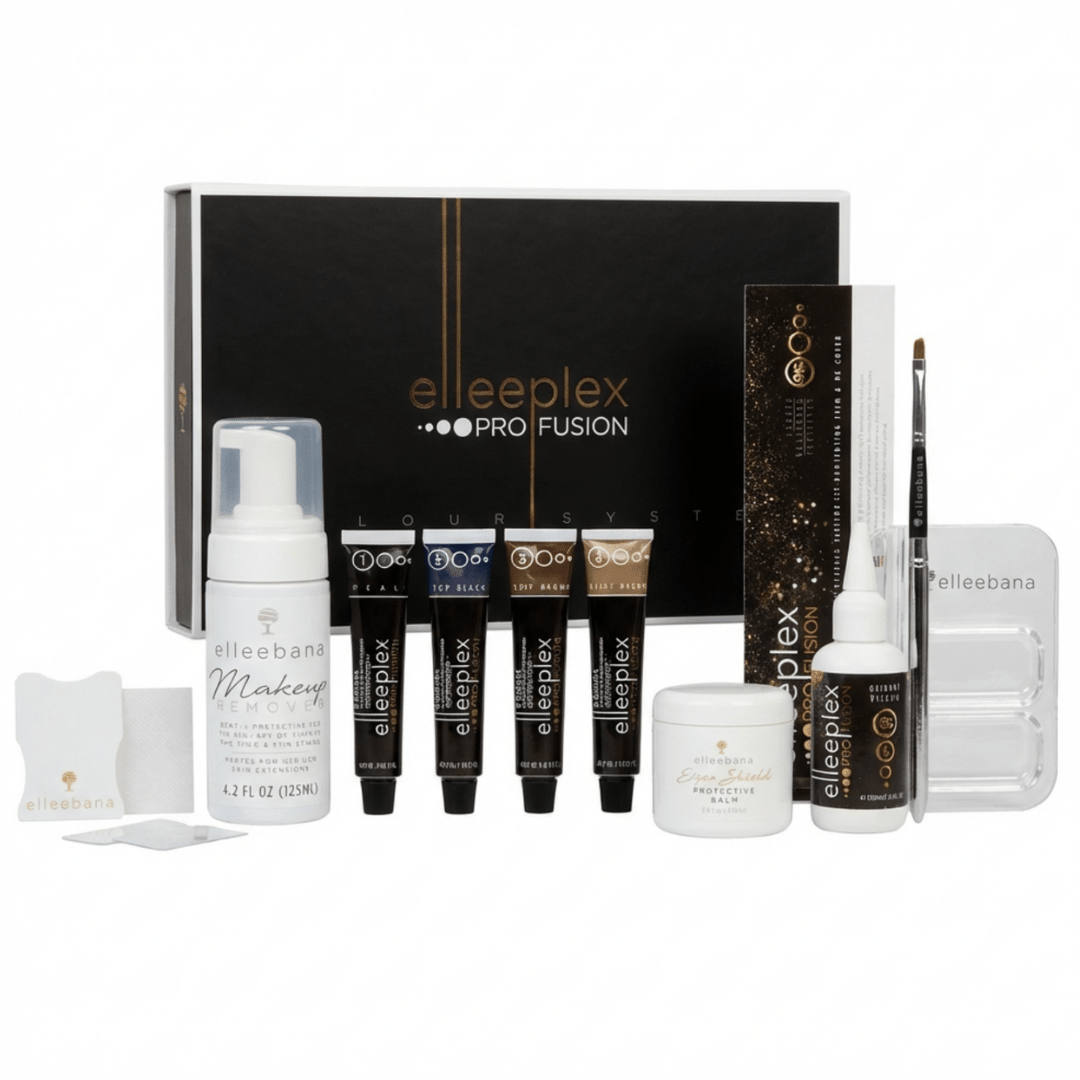 Complete Elleeplex Lash & Brow Tint Kit including 4 tint shades, creme oxidant, protective balm, guards, paper shields, makeup remover, brush, and mixing dish.