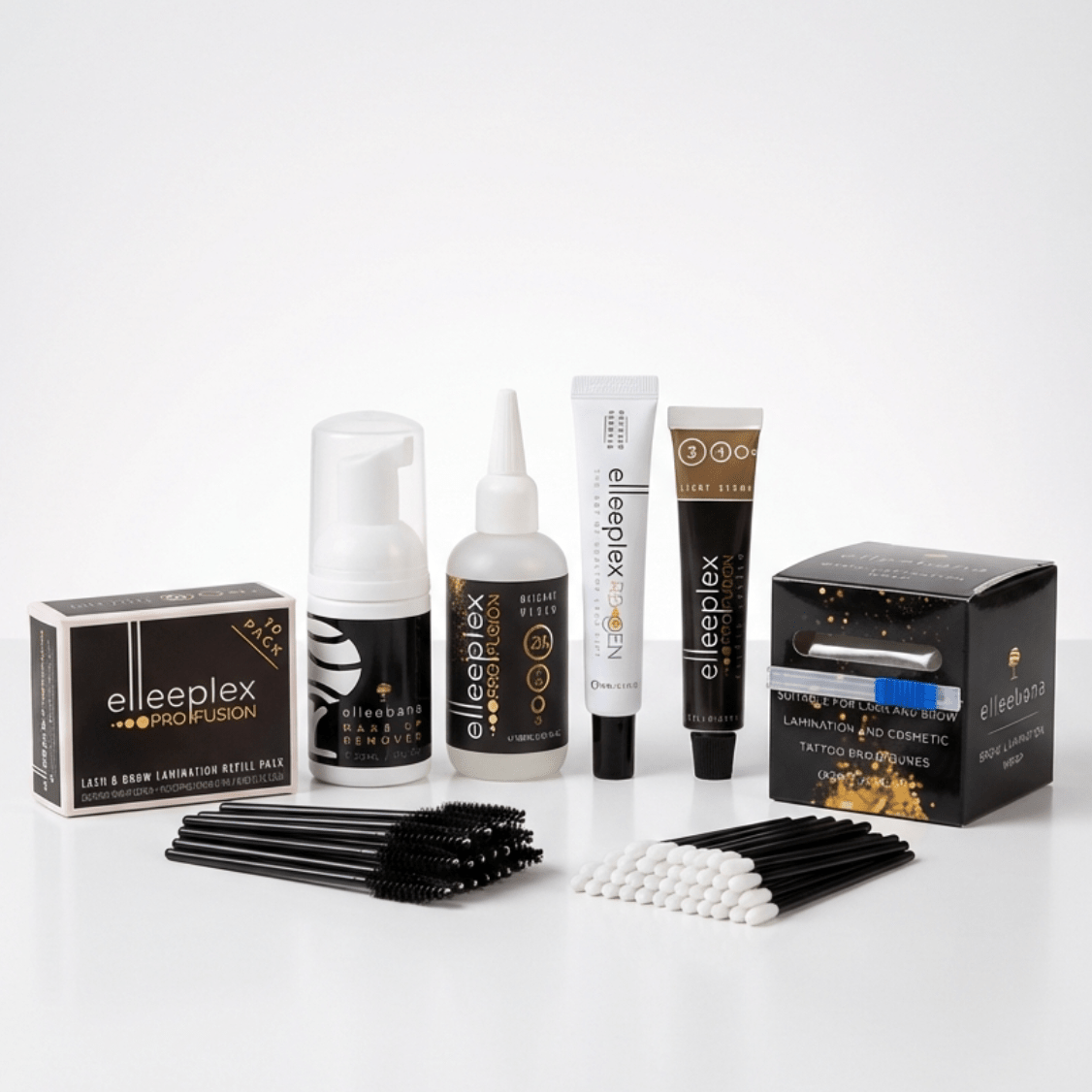 Elleebana Brow Lamination & Tint Starter Kit with Elleeplex ProFusion lotions, Light Brown tint, 2% developer, and application accessories.