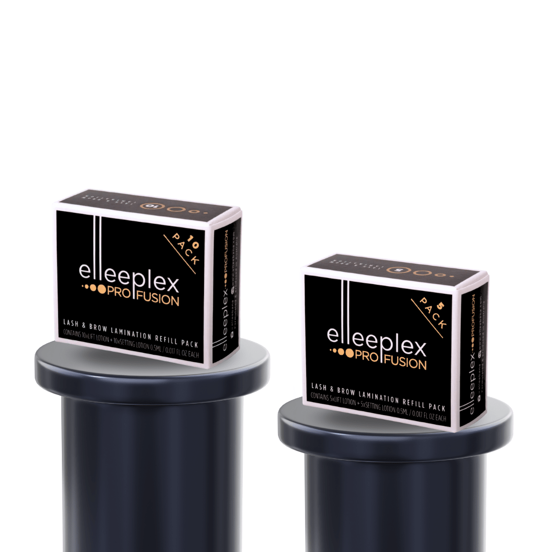 Pack of single-use Elleeplex Profusion lash lift and brow lamination sachets in a 2-in-1 cysteamine formula.