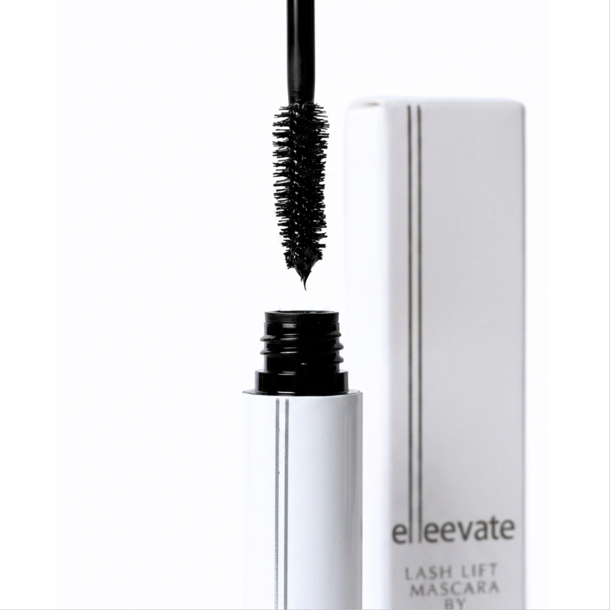 Elleevate Lash Lift Mascara 10ml tube with wand, formulated with Keratin, Biotin, and Arginine for post-lift lashes.