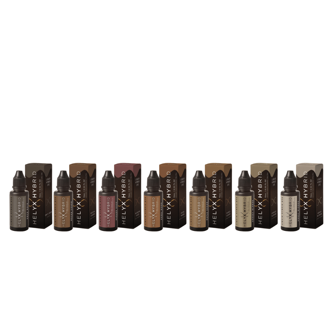 Full line-up of Helyx Hybrid Brow Stain tubes in seven versatile hair and skin tint shades.