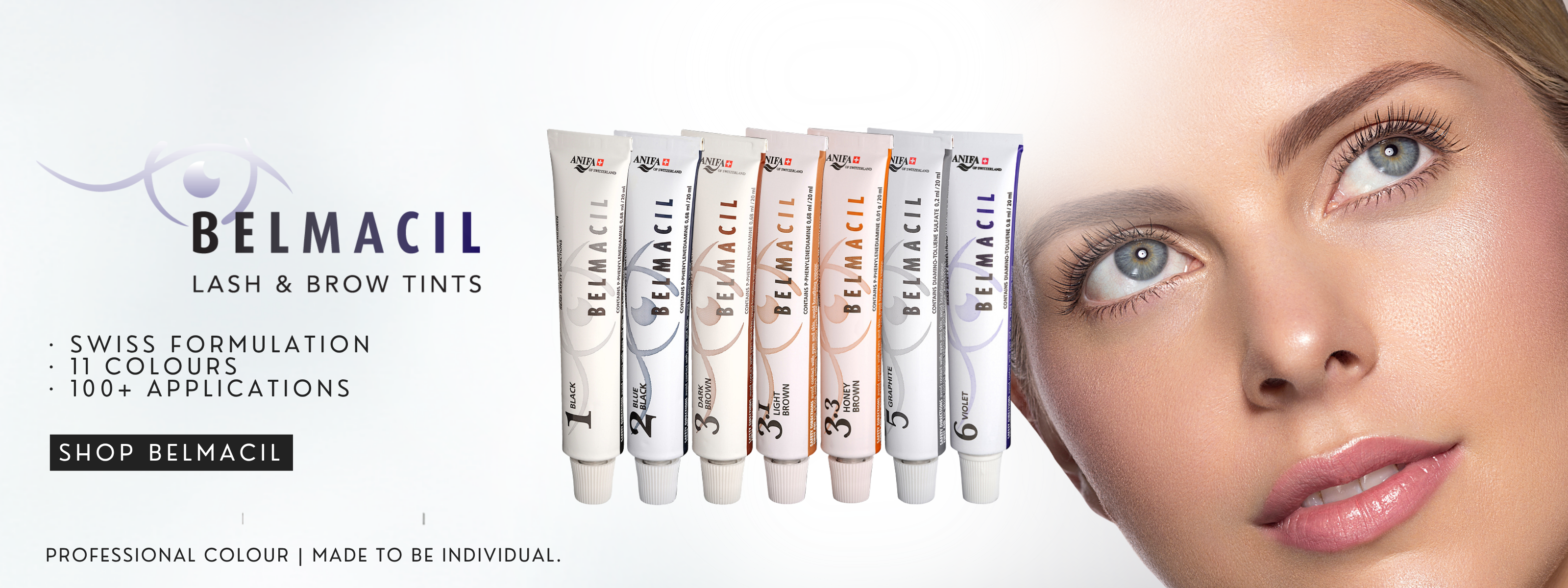 Belmacil Lash & Brow Tints advertisement featuring a close-up of a woman's face on the right and several Belmacil Tints on the left against a white background.