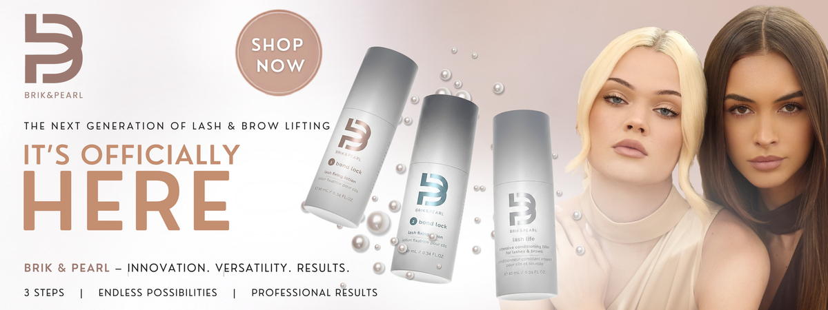 Promotional banner for Brik & Pearl Lash & Brow Lifting, featuring three white bottles of the product, a 'SHOP NOW' badge, and two female models on a soft beige background.