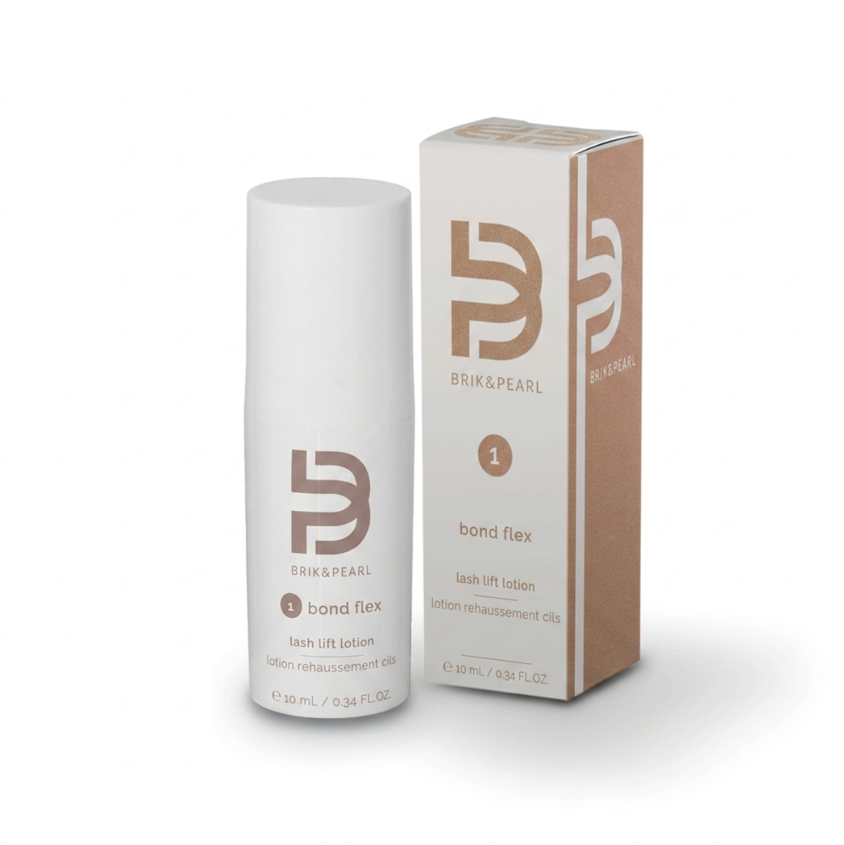 Brik & Pearl Bond Flex lash lift lotion shown as a white cylindrical bottle next to its white and beige cardboard packaging box on a clean white background.