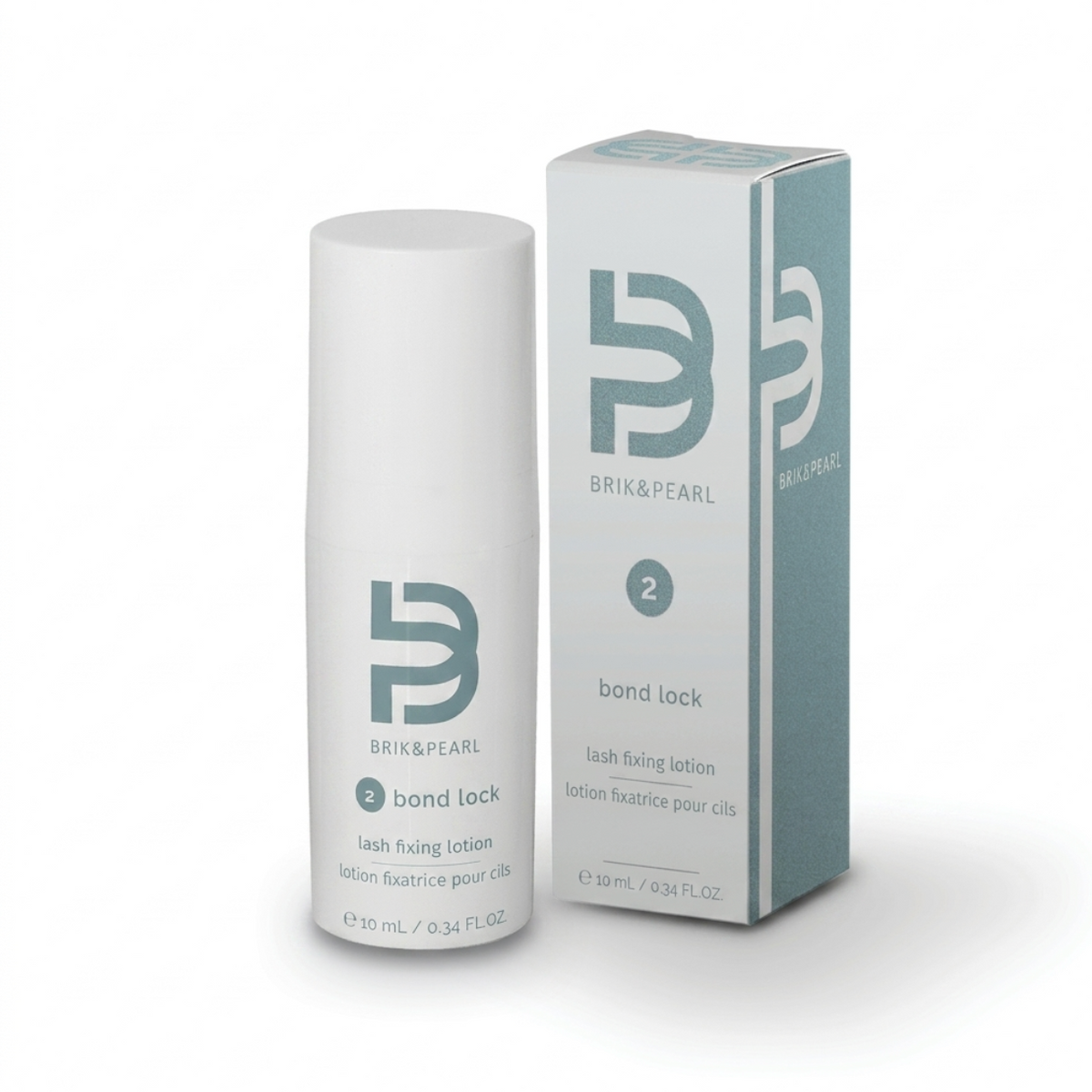 Brik & Pearl Bond Lock lash fixing lotion bottle and packaging box on a clean white background.
