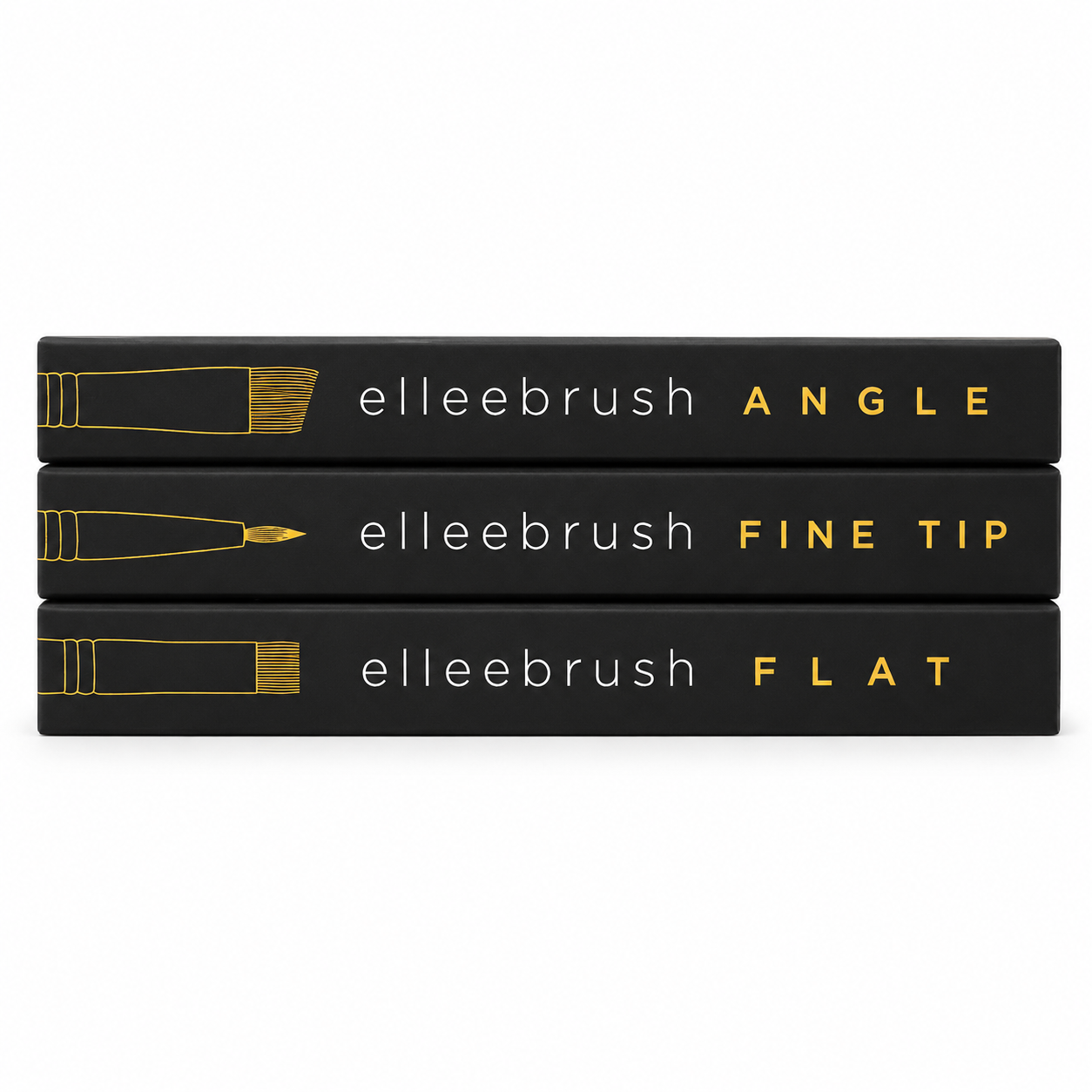 Complete Elleebana ElleeBRUSH Trilogy Set featuring the Angle Tip, Fine Tip, and Flat Tip synthetic brushes.