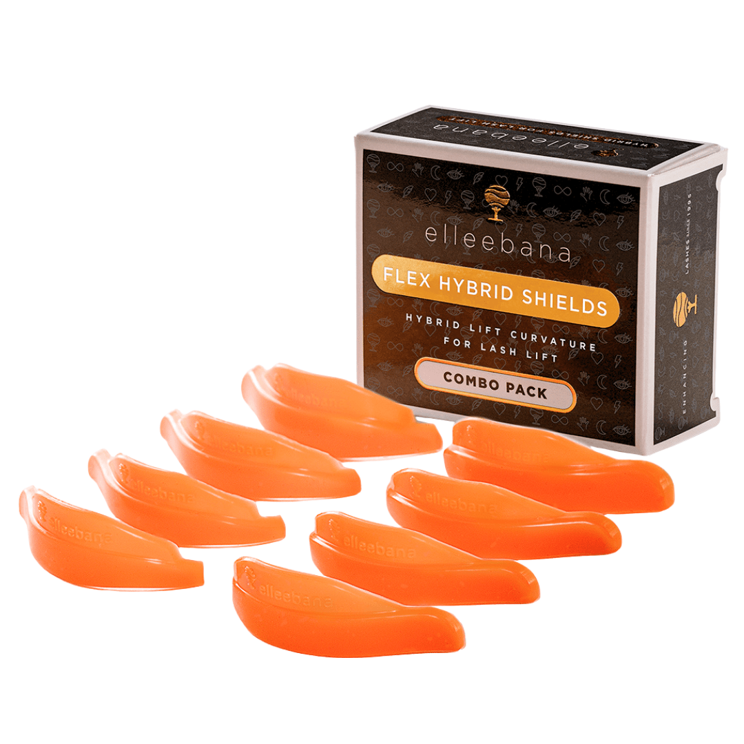 Set of Elleebana Flex Hybrid Shields in soft silicone designed to conform to the eyelid without back-adhesive.