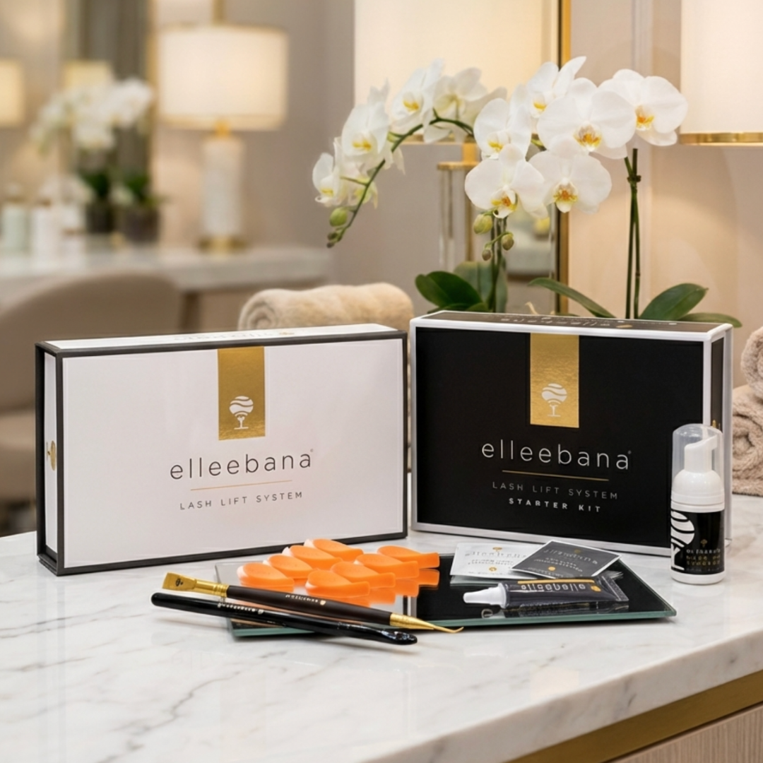 Elleebana One Shot Lash Lift Kit featuring Step 1 and Step 2 sachets, squeeze tube adhesive, Flex Rods, Gold Precision Lifter Tool, flat brush, and makeup remover.