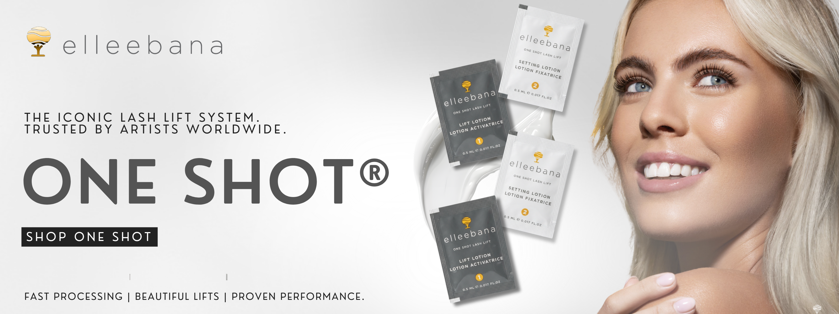 Promotional banner for Elleebana One Shot lash lift system, featuring a smiling blonde woman on the right and several small product sachets on the left against a light gray background.