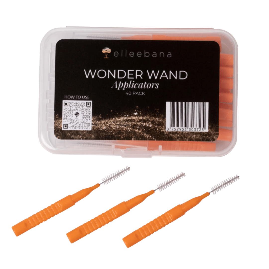 Elleebana reusable storage container housing 40 Wonder Wands and silicone lash lift shields on a salon workstation.