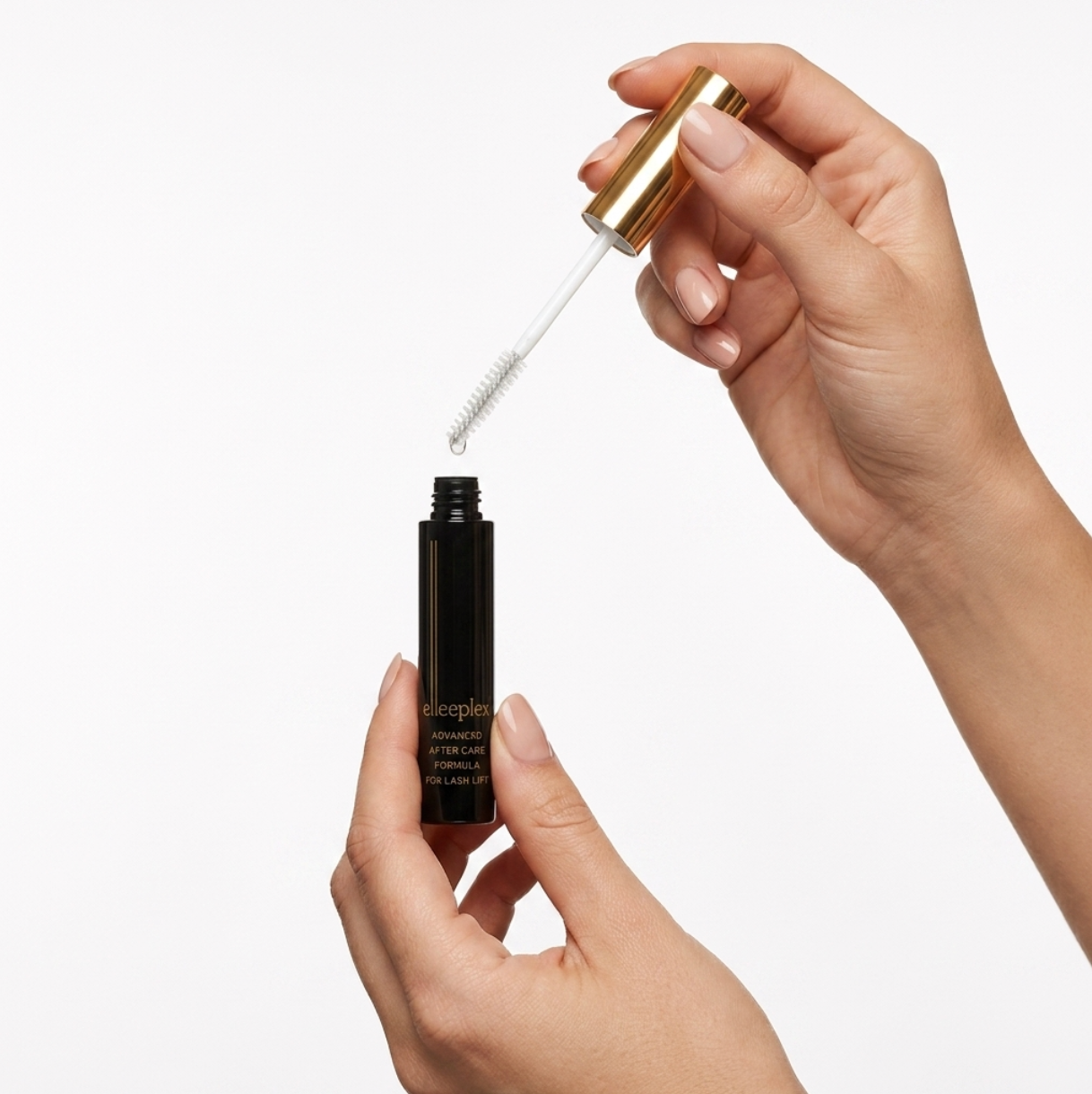 Clear gel tube and spoolie applicator of Elleeplex Advanced Aftercare for lash lift and brow lamination maintenance.