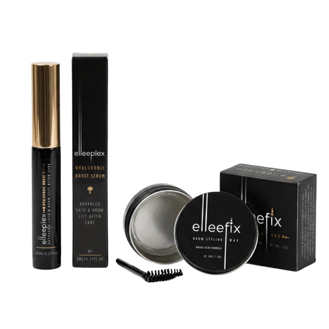 Professional Brow Lamination Aftercare Set featuring Elleeplex Hyaluronic Boost Serum and Elleefix Styling Wax.