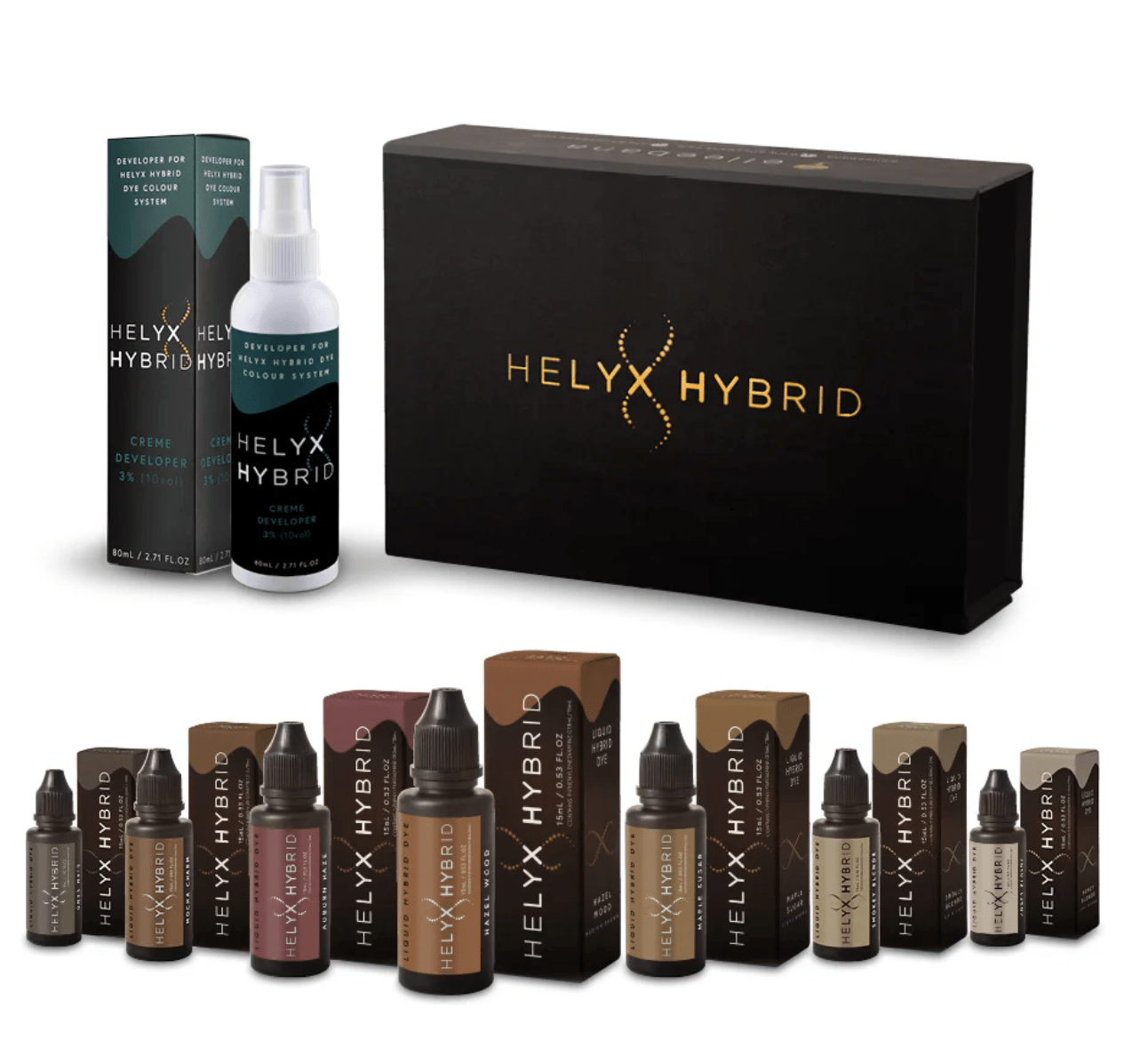Detailed close-up view of Elleebana Helyx Hybrid Dye tubes, developer, and mixing dish for advanced brow tinting.